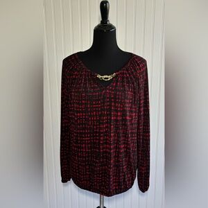 Michael Kors Blouse Shirt Red Black Gold Chain Womens Size Medium Long Sleeve